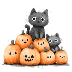 Two adorable black cats sit atop a pile of smiling pumpkins, perfect for Halloween-themed projects, decorations, or children's content that celebrates the festive season,