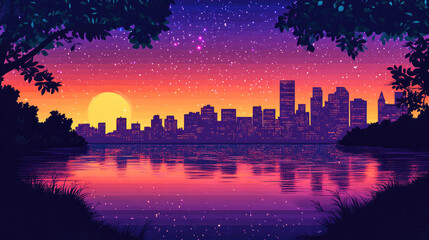 Starry night over a vibrant city skyline reflecting in a tranquil river