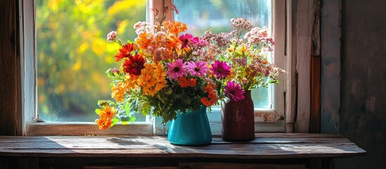 Charming old interior featuring vibrant flowers arranged on a rustic wooden table perfect for home decor inspiration