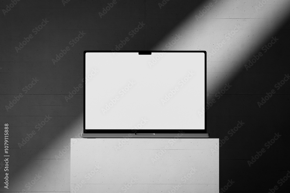 Canvas Prints scene with an open laptop with a blank white screen on a concrete background