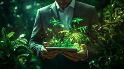 Businessman Surrounded by Holographic Projections of Endangered Species Holding Environmental Conservation Data