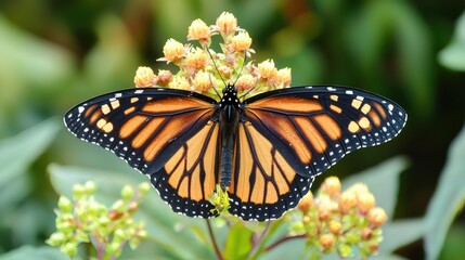 Fototapeta premium Monarch butterfly feeding on a blooming flower in a natural setting