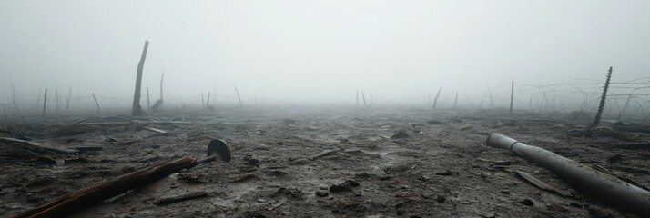 Foggy battlefield with artillery debris and barbed wire
