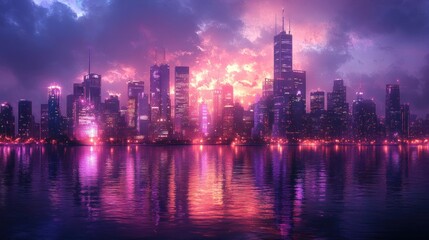Obraz premium A vibrant cityscape with a pink and purple sunset reflected on the water.