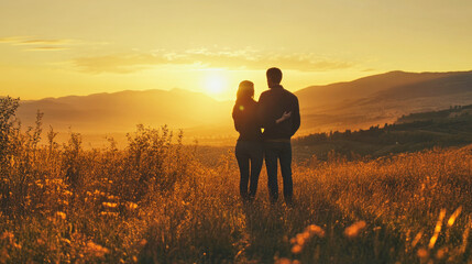 Couple embraces while watching an autumn sunset over a mountain range