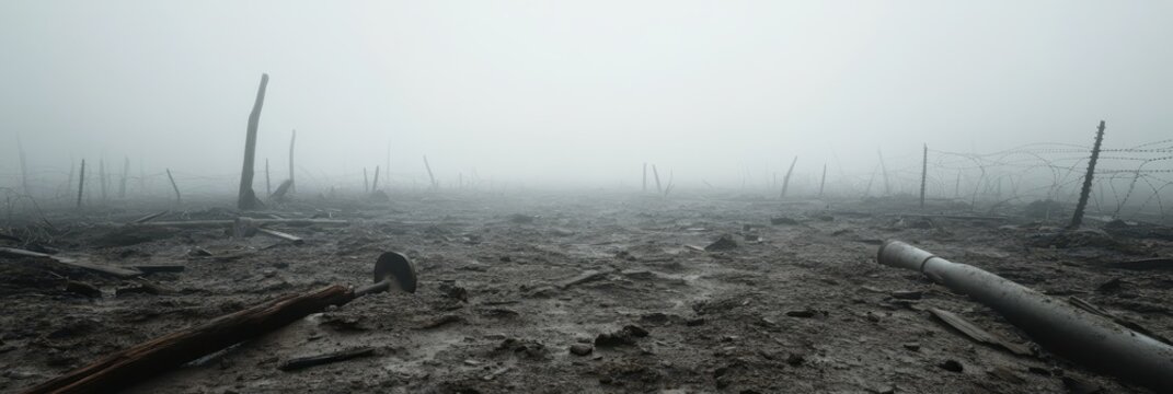 Foggy battlefield with artillery debris and barbed wire
