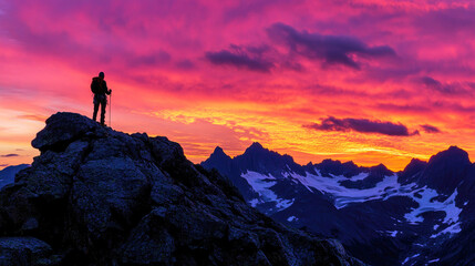 Climber silhouettes against a vibrant sunset on a rocky mountain peak