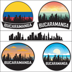 Fototapeta premium Bucaramanga Skyline Colombia Flag Cityscape Silhouette Travel Souvenir Sticker Sunset Vector