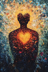 Obraz premium Fiery Heart Within Human Silhouette, Surrounded by Cosmic Flames and Energy, Symbolizing Love, Spirituality, and Inner Strength