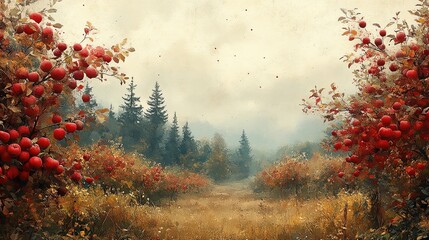 A misty forest path lined with apple trees laden with ripe fruit. The soft light and muted colors create a tranquil atmosphere.