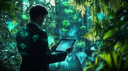 Businessman Surrounded by Holographic Endangered Ecosystems Displaying Conservation Data