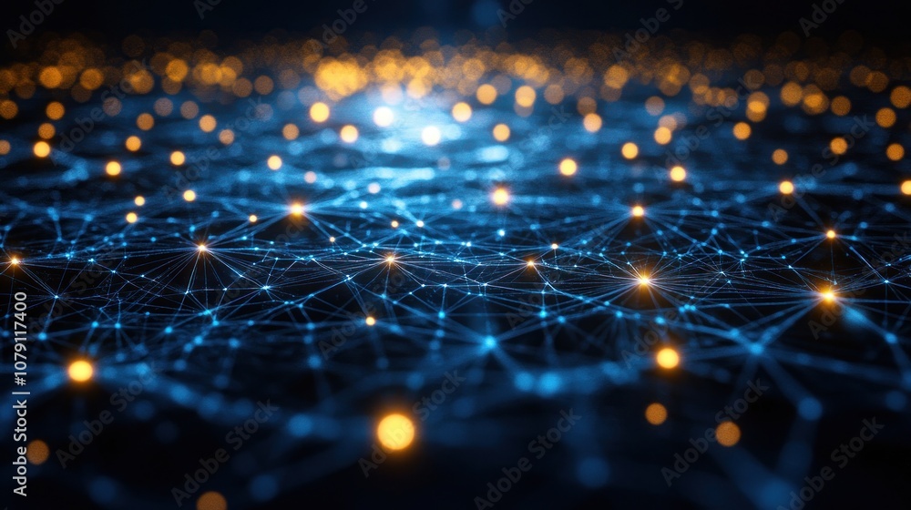 Poster abstract digital network with glowing nodes.