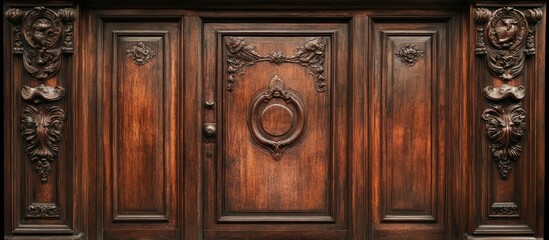 Close view of an antique wooden door with intricate carvings inviting a sense of mystery and history