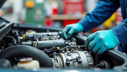 Fototapeta premium Auto repair shop, mechanic working on car engine, close-up of hands in work gloves