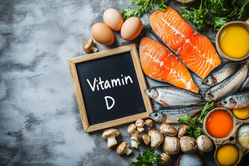 Vitamin D Rich Foods: Salmon, Tuna, Sardines, Mackerel, Mushrooms, and Eggs with Text Space