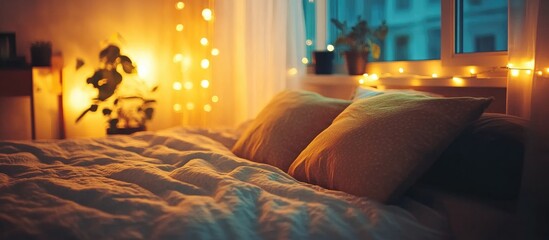 Close up of softly illuminated double bed with cozy bedding ideal for interior design inspiration