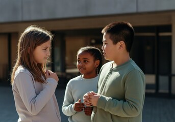 Three children stand together, talking and laughing.