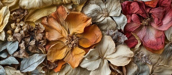 Close up of a dried herbarium bouquet showcasing intricate floral details ideal for botanical art or decoration