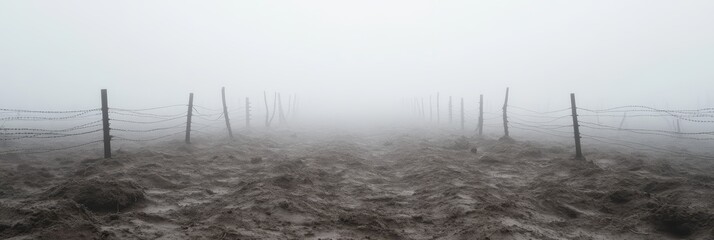 Foggy battlefield with trenches craters and barbed wire