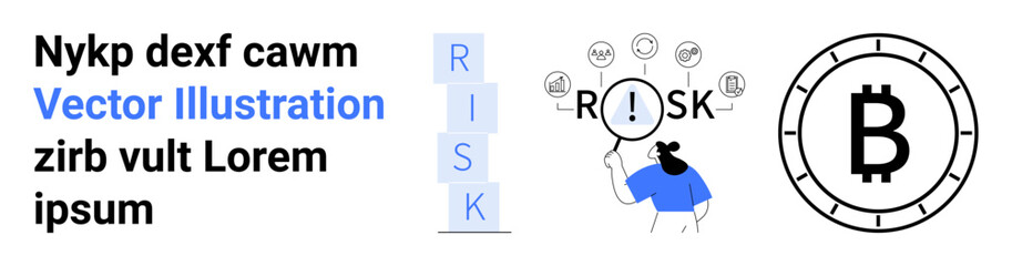Text elements, risk assessment representations, man analyzing risks with magnifying glass, Bitcoin symbol, blue and black colors. Ideal for financial strategies, risk management, cryptocurrency