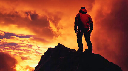 Climber at the summit celebrating achievement against a stunning sunset backdrop