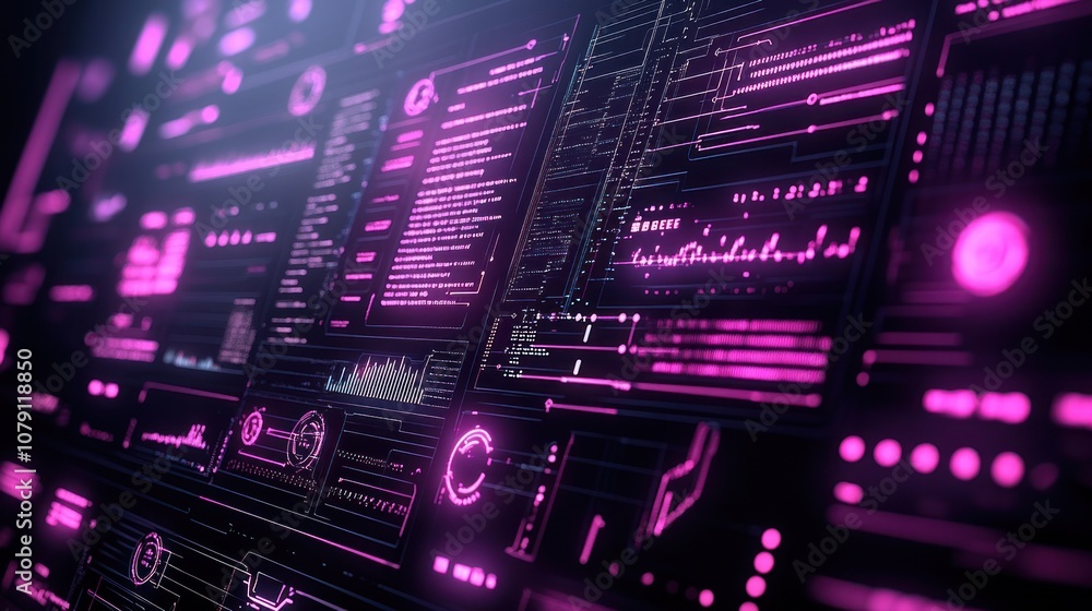 Poster abstract futuristic digital interface with glowing pink lines and data.