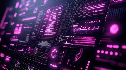 Abstract futuristic digital interface with glowing pink lines and data.