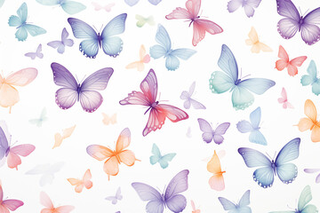 Fototapeta premium A seamless pattern butterflies with soft gradients of blues, pinks, purples, and yellows, fluttering across a light background