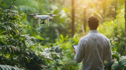 Businessman Utilizing Drone Technology for Reforestation and Environmental Monitoring