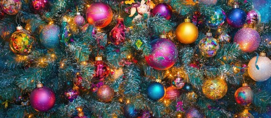 Close up of a beautifully adorned Christmas tree featuring colorful ornaments and twinkling lights perfect for holiday decor
