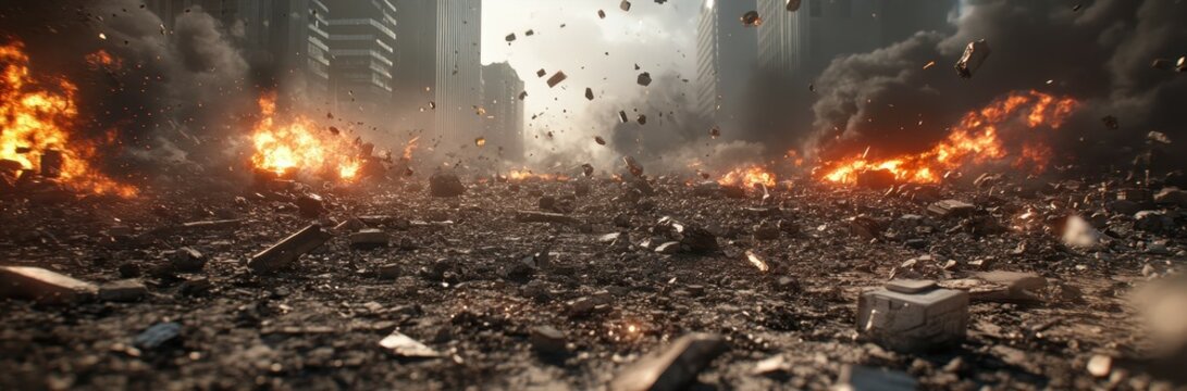 Devastated war scene with city ruins and tech debris