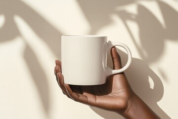 An empty mockup of dark skinned hand holding a white mug