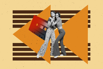 Composite photo collage of two happy girls hug together retro cassette occasion music relax weekend...