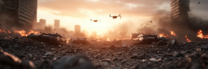 Futuristic scene with tanks drones and building ruins