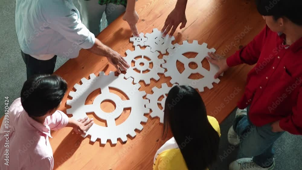 Poster top view of smart creative people gather white cog together at meeting. group of project manager hel