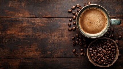 A Cup of Coffee with Coffee Beans on a Wooden Table