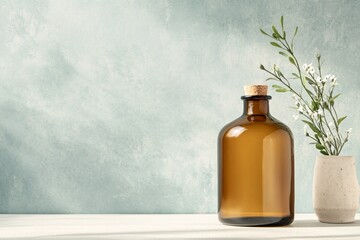 a dark glass bottle mockup, on pastel background, with white flowers behind, minimalistic
