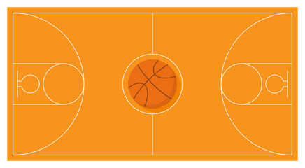 Basketball court layout with a ball icon at the center. Clean, minimalistic design. Can be used for sports graphics, posters or event promotions. Vector illustration
