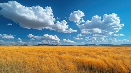 Obraz premium Golden wheat field under a bright blue sky with fluffy clouds