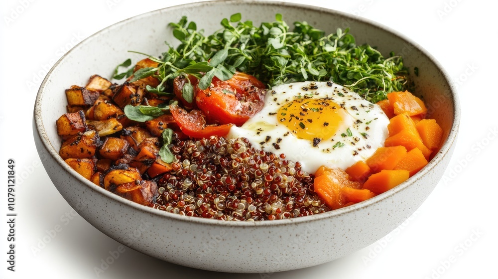 Wall mural quinoa breakfast bowl with veggies, balanced meal, minimalist design, vibrant colors, isolated on white background 