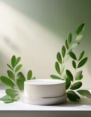 White podium with green leaves