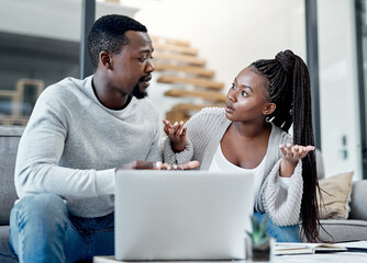 Apartment, black couple and argument with laptop on sofa for finance plan or interest rate and debt...