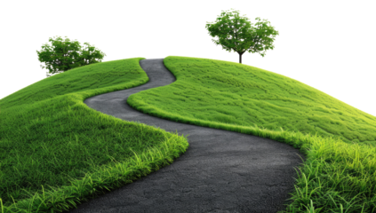 Asphalt road curving through a lush green landscape on a transparent background.