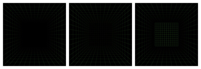 Futuristic perspective grid box. Abstract wireframe with green grid line on black background. Virtual reality landscape in 80s 90s digital style. Vector illustration.