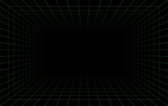 Futuristic perspective grid box. Abstract wireframe with green grid line on black background. Virtual reality landscape in 80s 90s digital style. Vector illustration.
