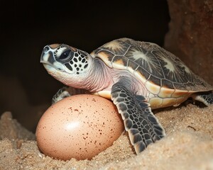 Obraz premium Newborn sea turtle emerging from its egg