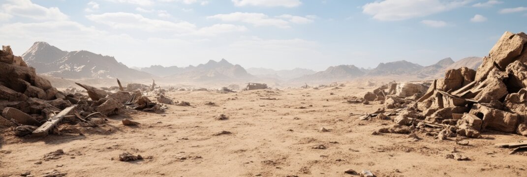 War torn desert with tanks and military debris