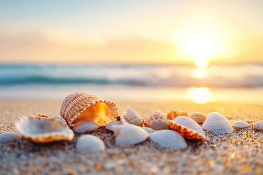 Seashells scattered on sandy beach at sunrise, creating serene and tranquil atmosphere. soft waves and warm light enhance beauty of this coastal scene