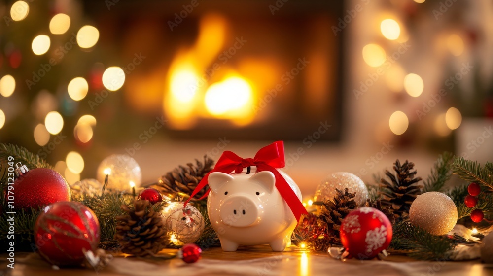 Poster a charming holiday setting features a piggy bank adorned with a red ribbon, surrounded by festive or