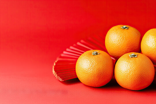 Fresh oranges arranged on vibrant red background, symbolizing prosperity and good fortune during Chinese New Year celebrations